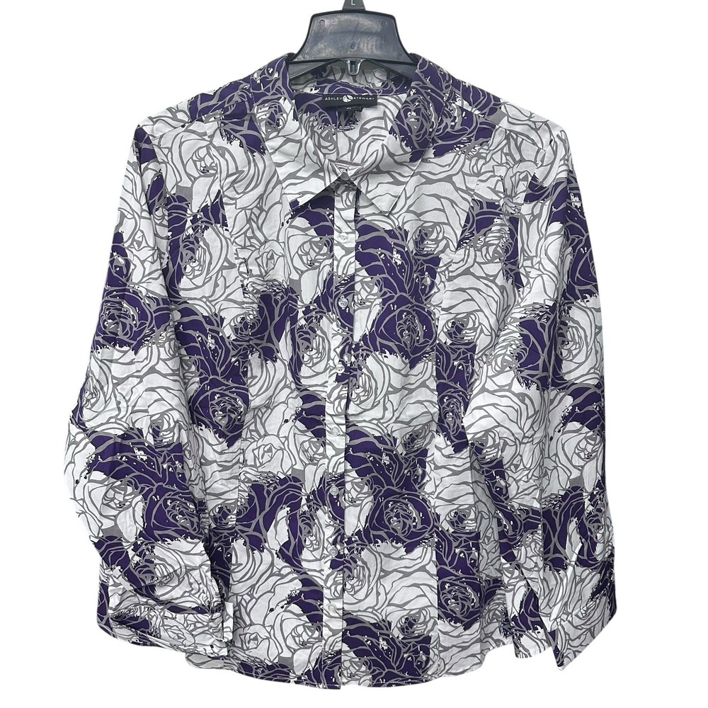 Ashley Stewart‎ Plus Size 26 Purple White Abstract Cotton Blend Button Up Office